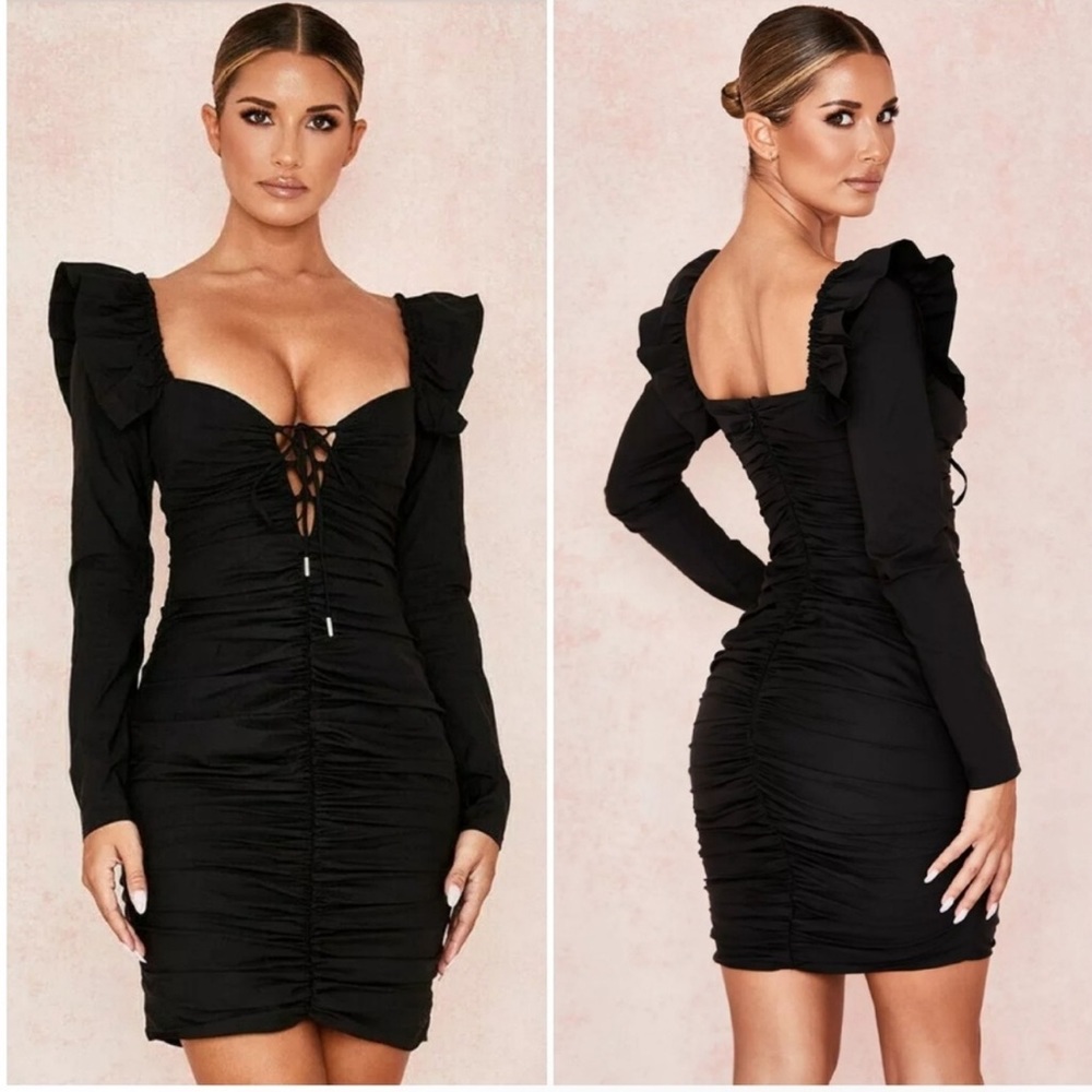 House of CB Floriana Ruched Long Sleeves Dress Size Large Women’s Lace Up Chest
